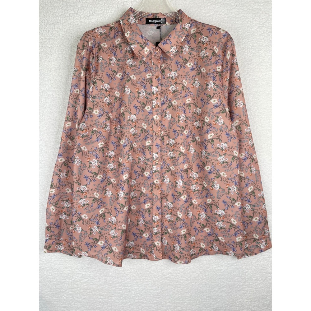 Allegra K Womens XL Floral‎ Button Down Shirt Dusty Rose Long Sleeve Blouse New
